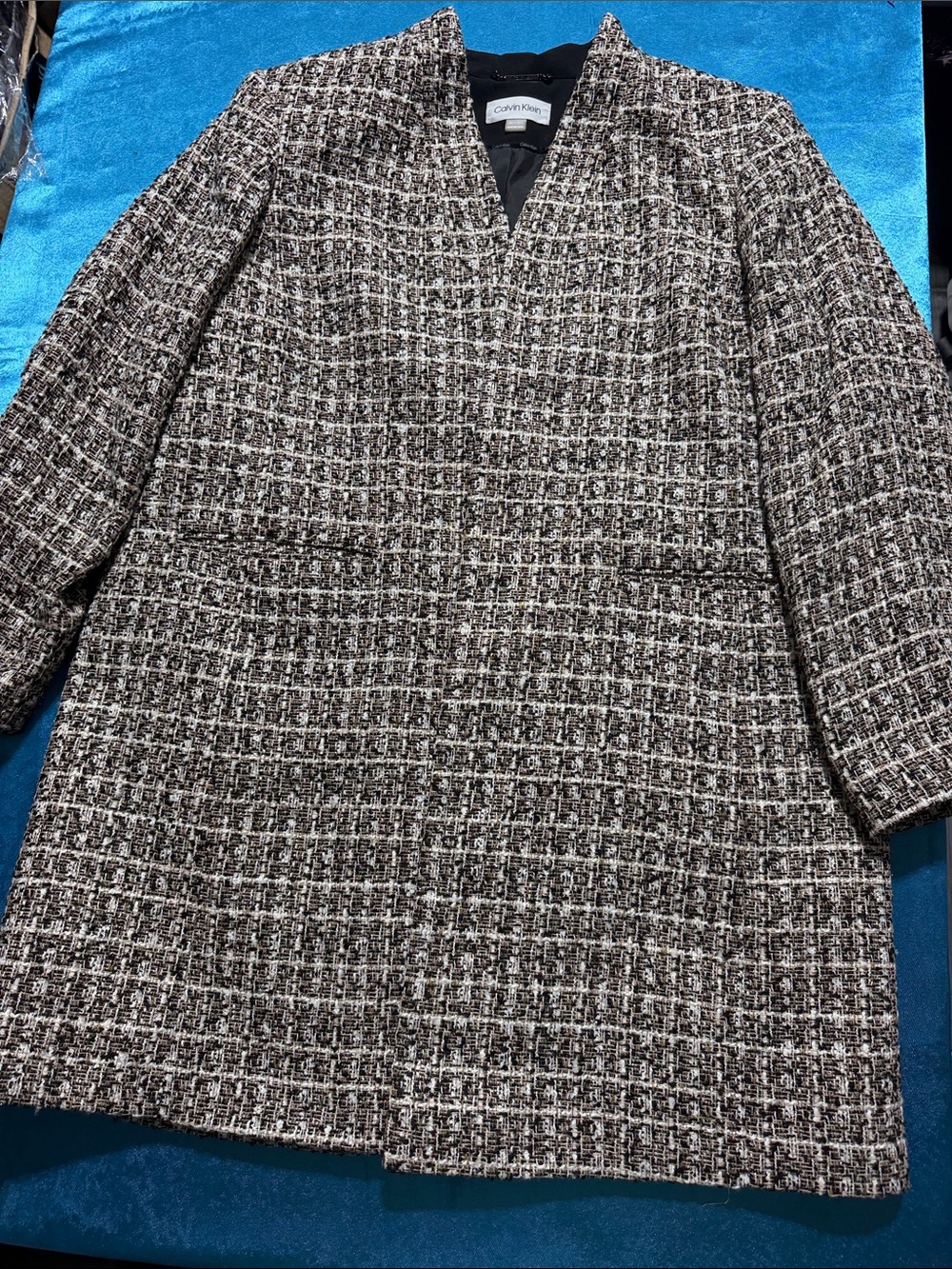 Calvin Klein Black & White Tweed V-Neck Trench Coat